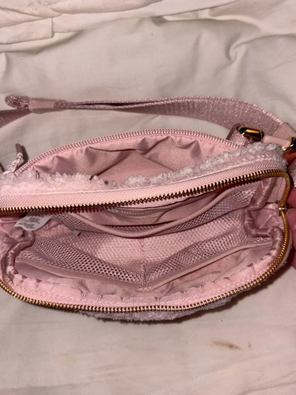 lululemon athletica Pink Sherpa Crossbody Belt Bag with Gold Hardware